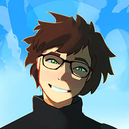 Illustrated Profile picture: a guy smiling with green eyes and harsh light on his face, mid-long spiky hair and glasses.